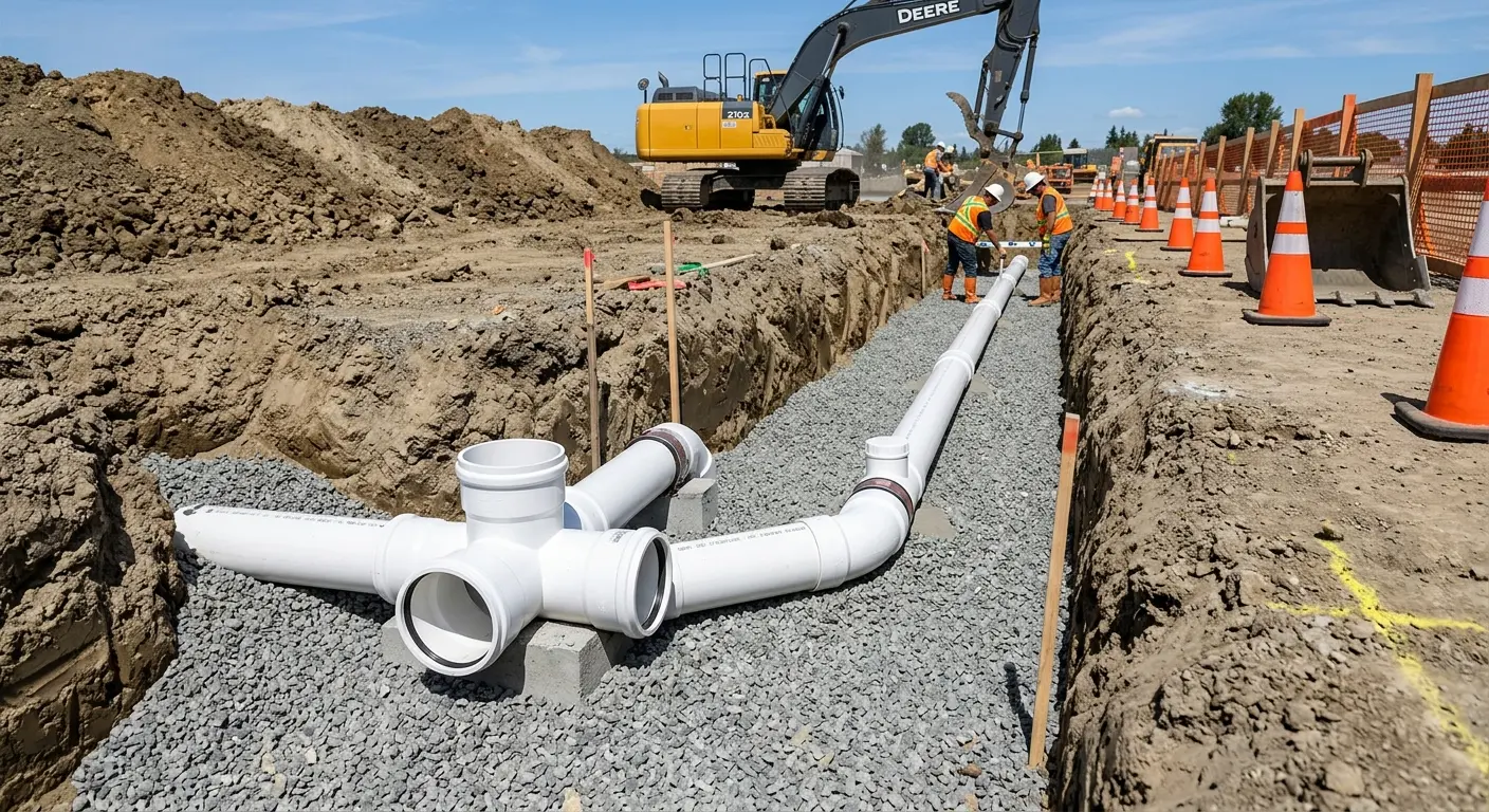 New PVC sewer pipe installation in open trench for Commercial Drain Cleaning in Valle Vista
