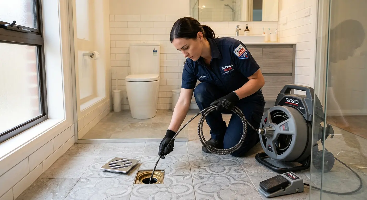 Technician clearing a bathroom floor drain for Hydro Jetting in Valle Vista
